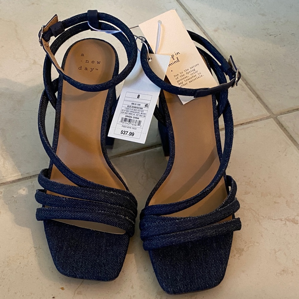 a new day Navy Denim Strappy Ankle‑Wrap Block Heels